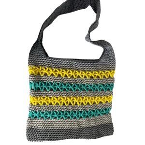 Crossbody tote bag- handmade crochet- gray blue yellow reusable  bag 14x14"